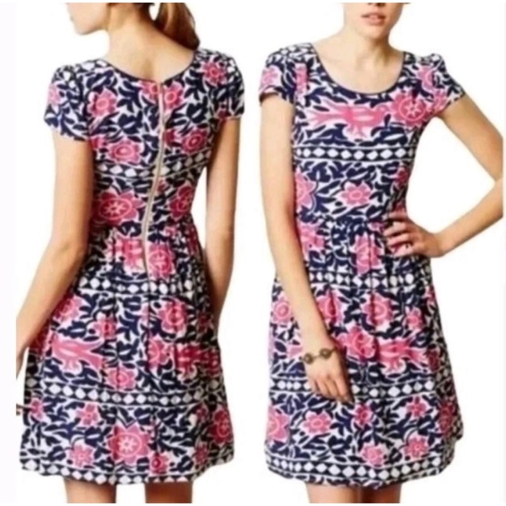 Anthropologie Maeve Peralta Pink/Navy Floral Bird Short Sleeve Fit/Flare Dress 6